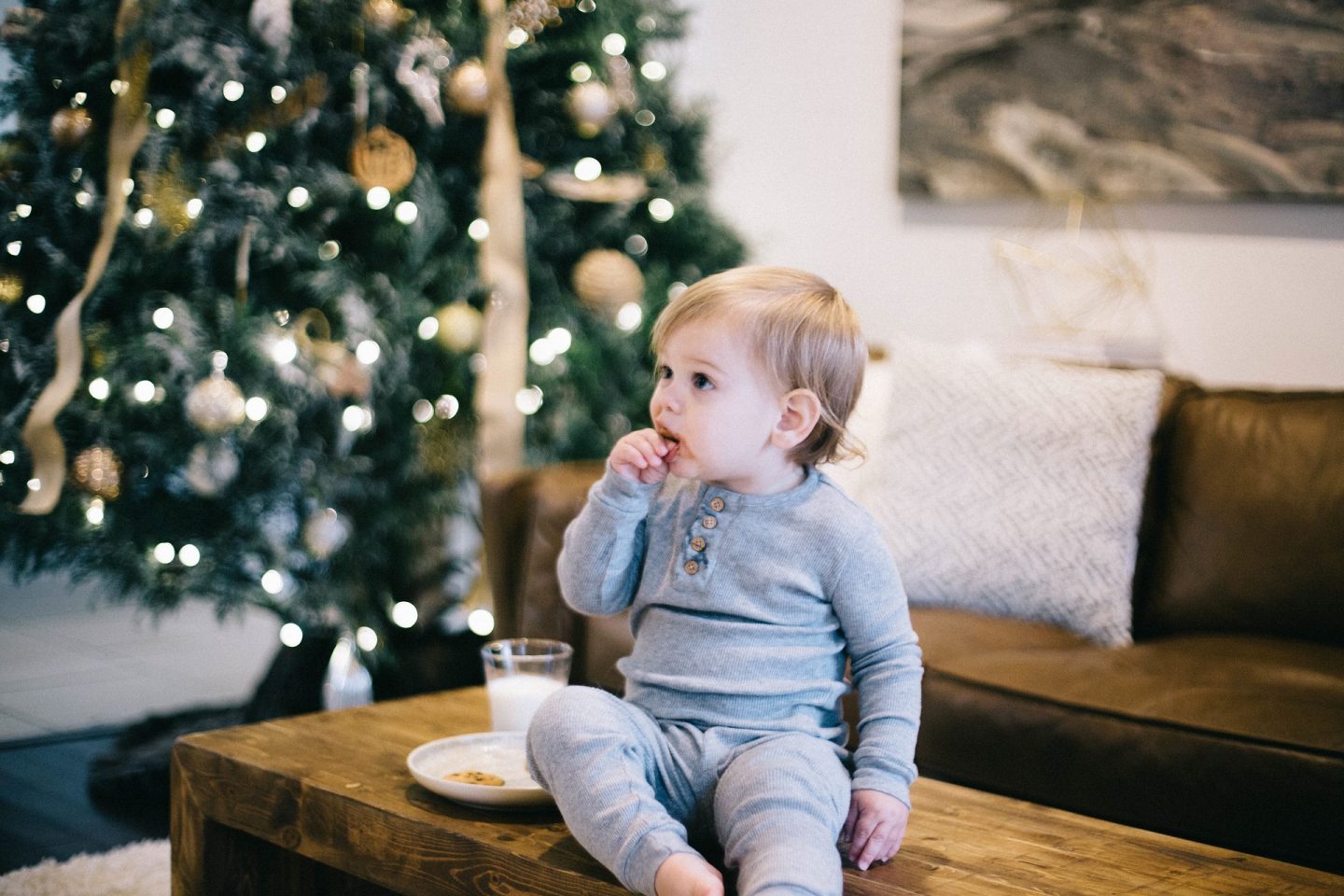 A little boy sits on a coffee table with a christmas tree in the background