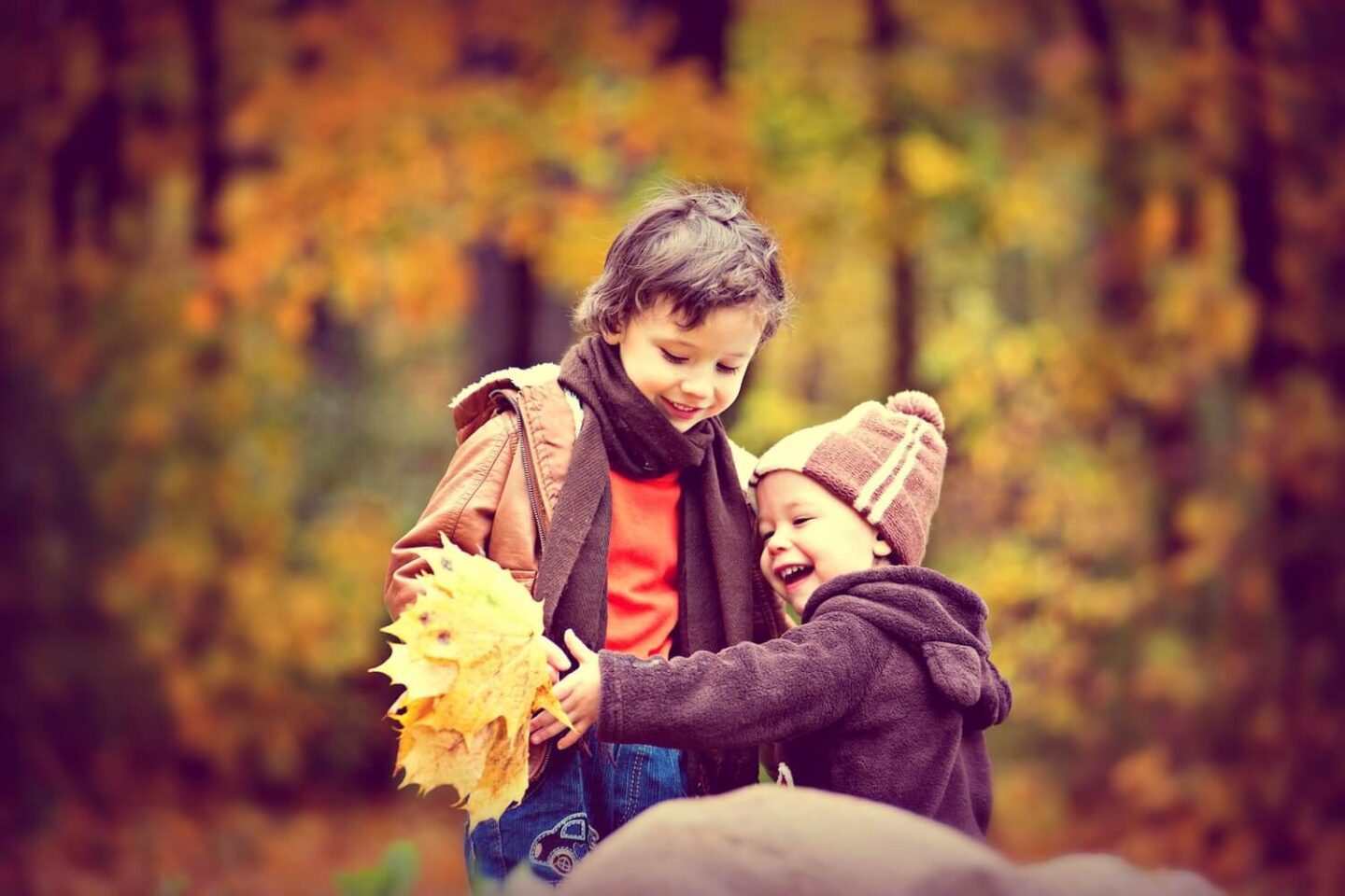 2 childrens standing close to each other in the woods in autumn, holding a bunch of yellow leaves