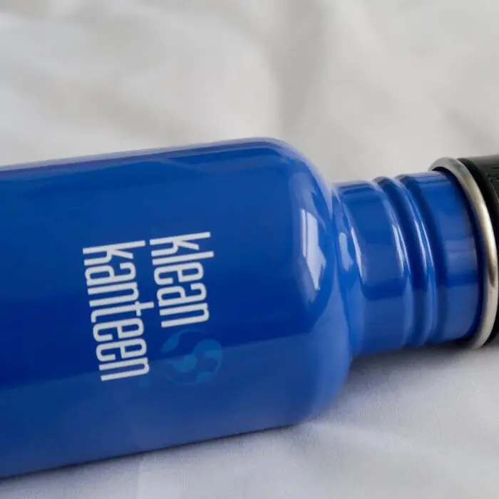 A blue Klean Kanteen water bottle