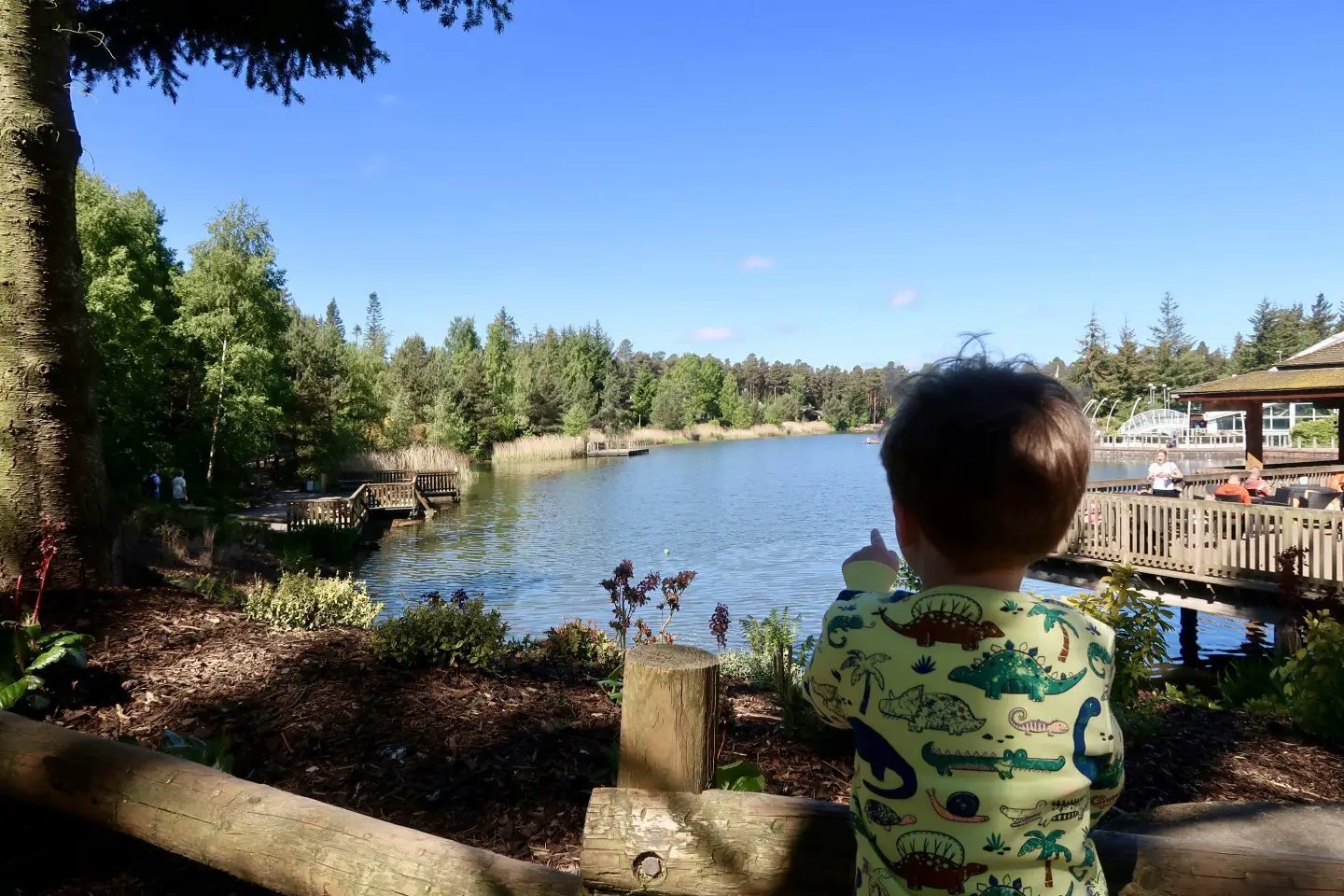 A boy pointing at a large lake