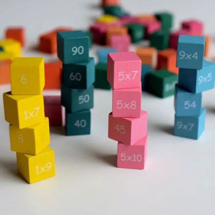 coloured blocks stacked according to their colour. Each block has a maths sum or a number on them.