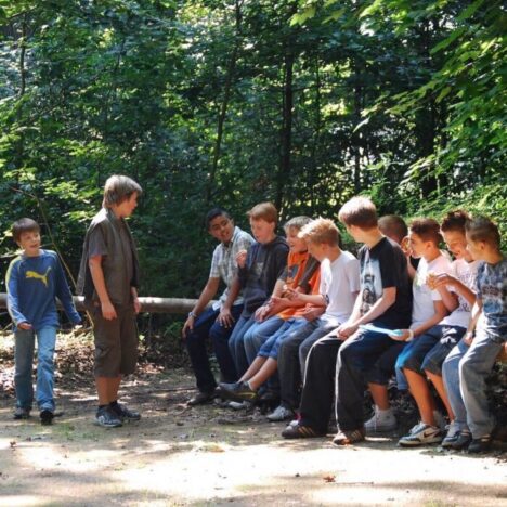 A group of boys sitting on a fence in the woods