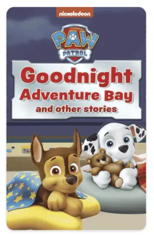 A Yoto card titled "Goodnight Adventure Bay" and with pictures of Chase and Marshall from Paw Patrol