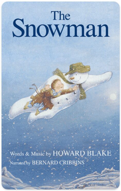 A yoto card with a picture of a cartoon snowman and a bow in pyjamas flying through the sky