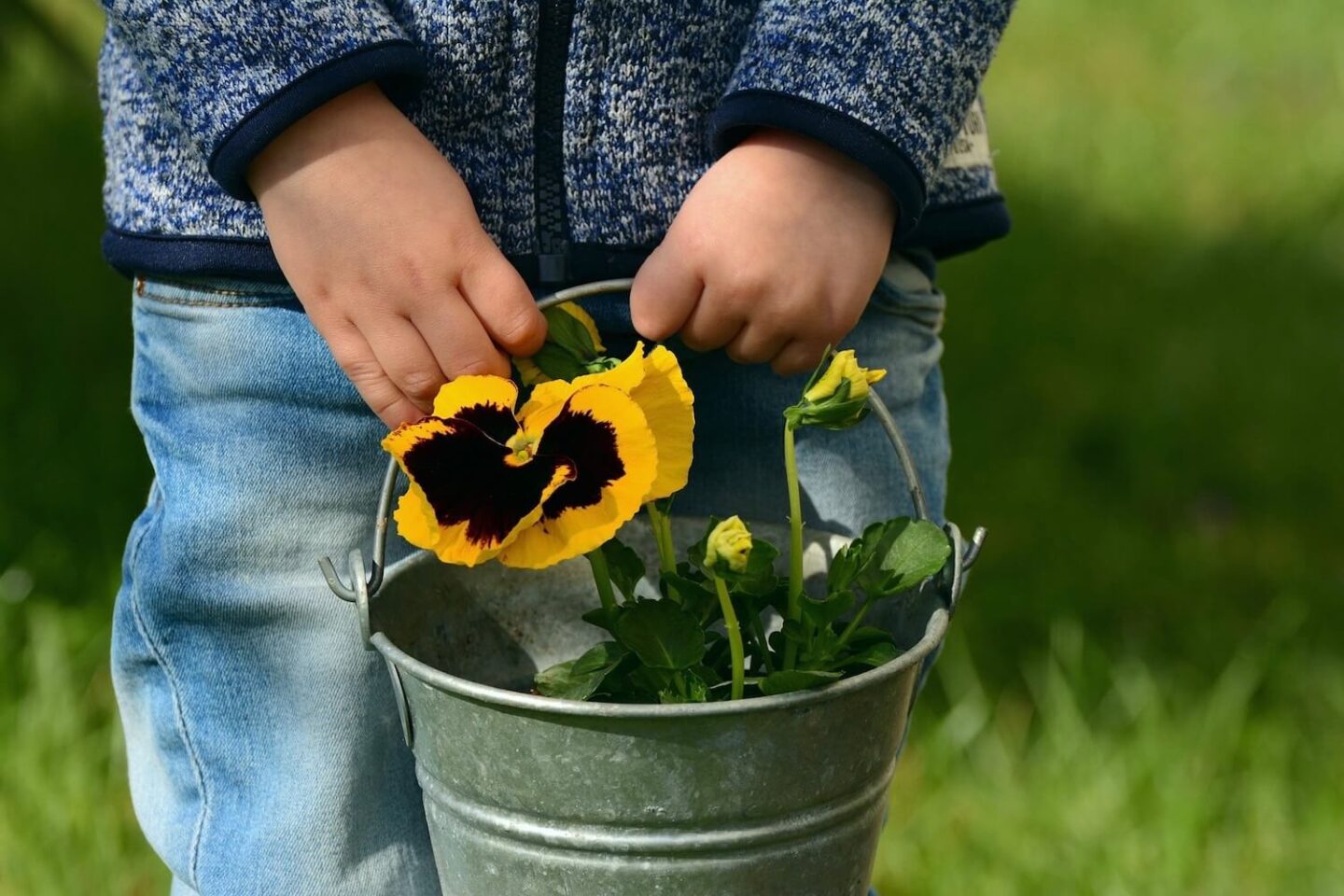 A child holding a metal bucket with a yellow flower on it