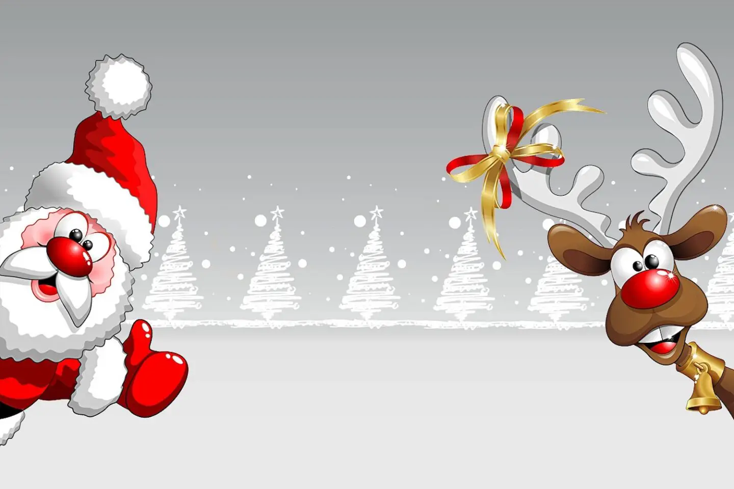 A grey image with a cartoon santa popping out from one side and Rudolph popping out from the other. Small white Christmas trees are across the background