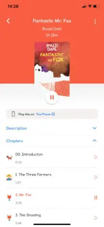 A screenshot of the Yoto app playing Fantastic Mr Fox
