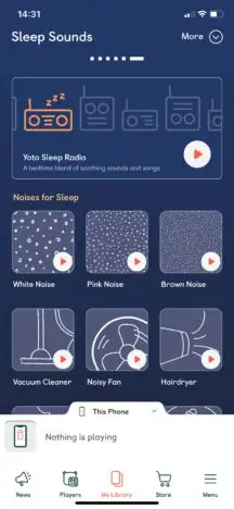 A screenshot of the Yoto app on the sleep sounds page