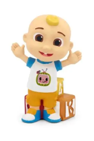 Baby JJ, a cartoon baby from Cocomelon, is standing in front of some stacking blocks