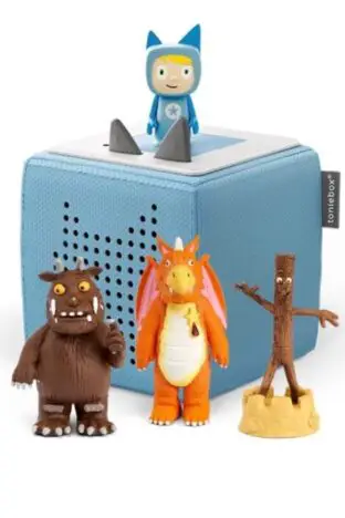 a blue toniebox with Gruffalo, Zog and Stickman tonies