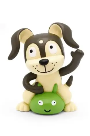 A brown and cream cartoon dog sitting on a green space hopper. He is smiling and waving