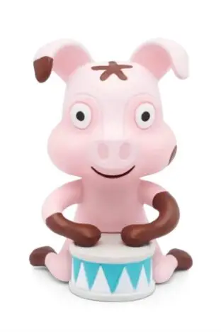 A cartoon pig character sitting down with a drum between it's legs. There is a brown star on the top of it's head